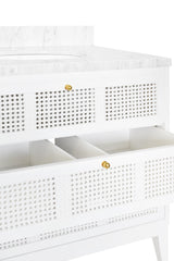 Worlds Away Bath Vanity In Matte White Lacquer With Cane Front Drawers, White Marble Top, And Porcelain Sink