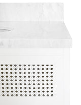Worlds Away Bath Vanity In Matte White Lacquer With Cane Front Drawers, White Marble Top, And Porcelain Sink