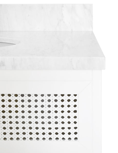 Worlds Away Bath Vanity In Matte White Lacquer With Cane Front Drawers, White Marble Top, And Porcelain Sink