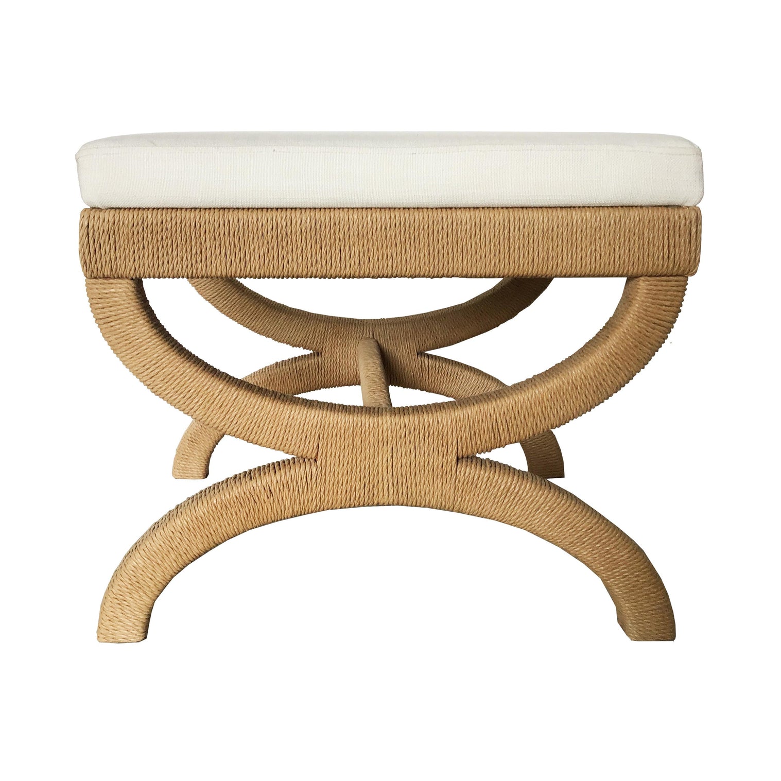 Worlds Away Natural Rope Wrapped Base Stool With White Linen Cushion ...
