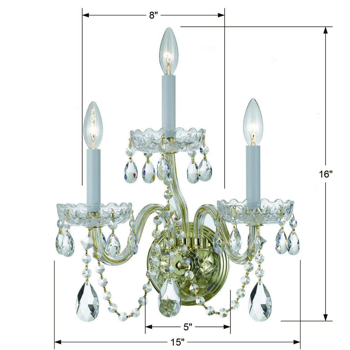 Crystorama Traditional Crystal 3 Light Hand Cut Crystal Polished Brass Sconce