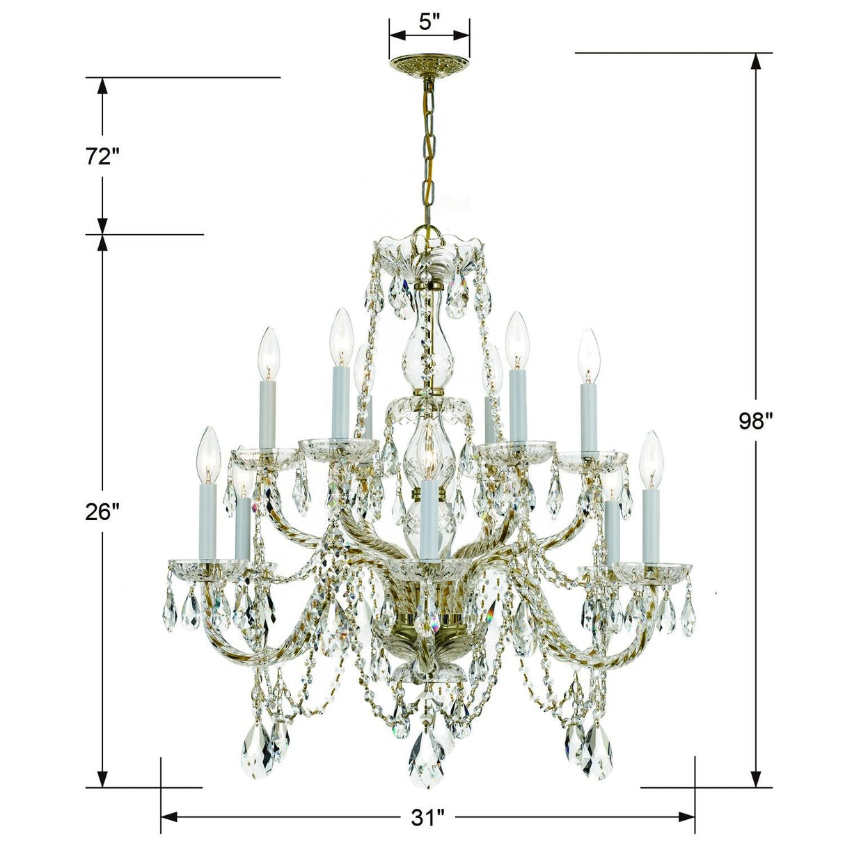 Crystorama Traditional Crystal 12 Light Clear Italian Crystal Historic Polished Brass Chandelier