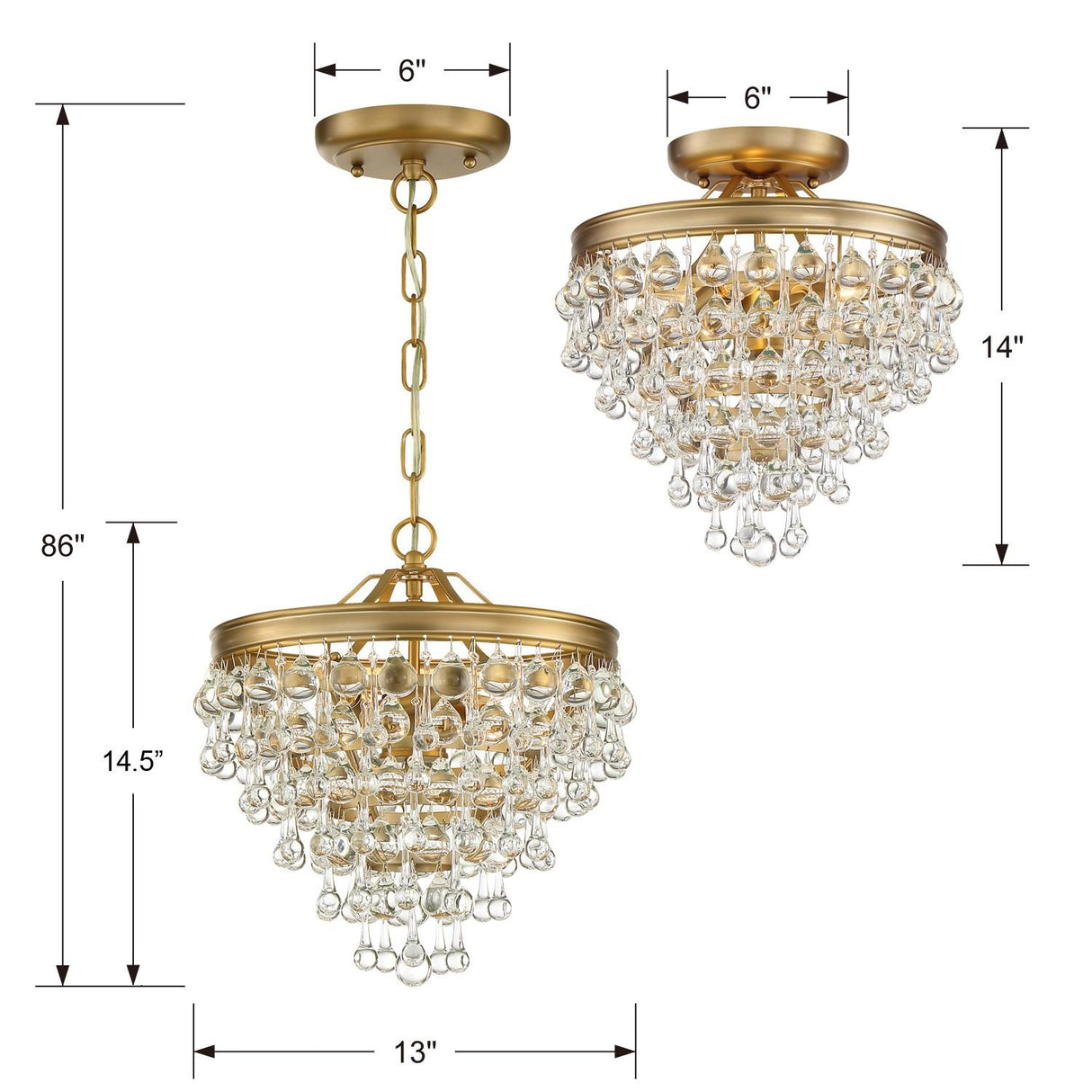 Crystorama Calypso 3 Light Crystal Teardrop Vibrant Gold Semi Flush Mount