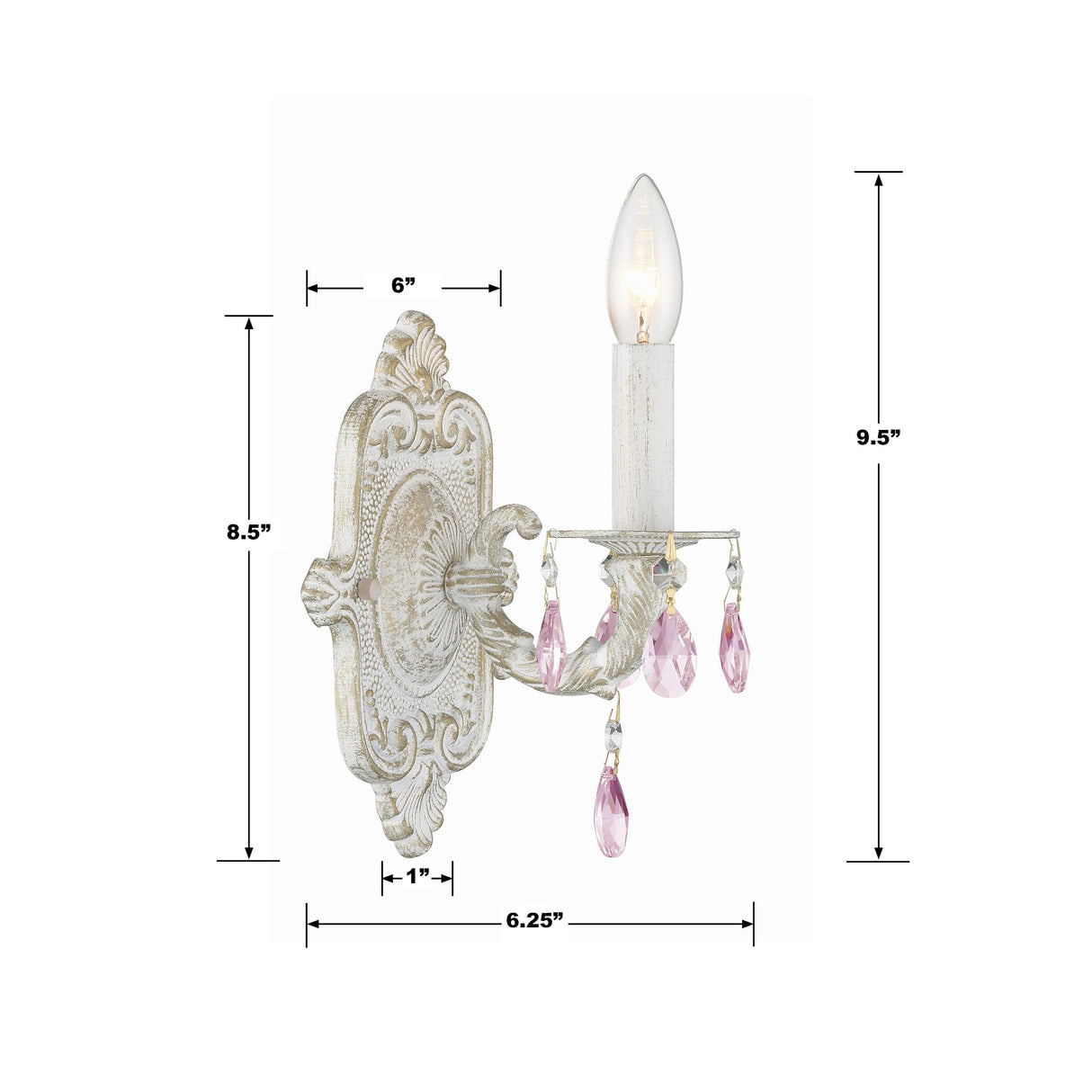 Crystorama Paris Market 1 Light Rose Crystal Antique White Sconce
