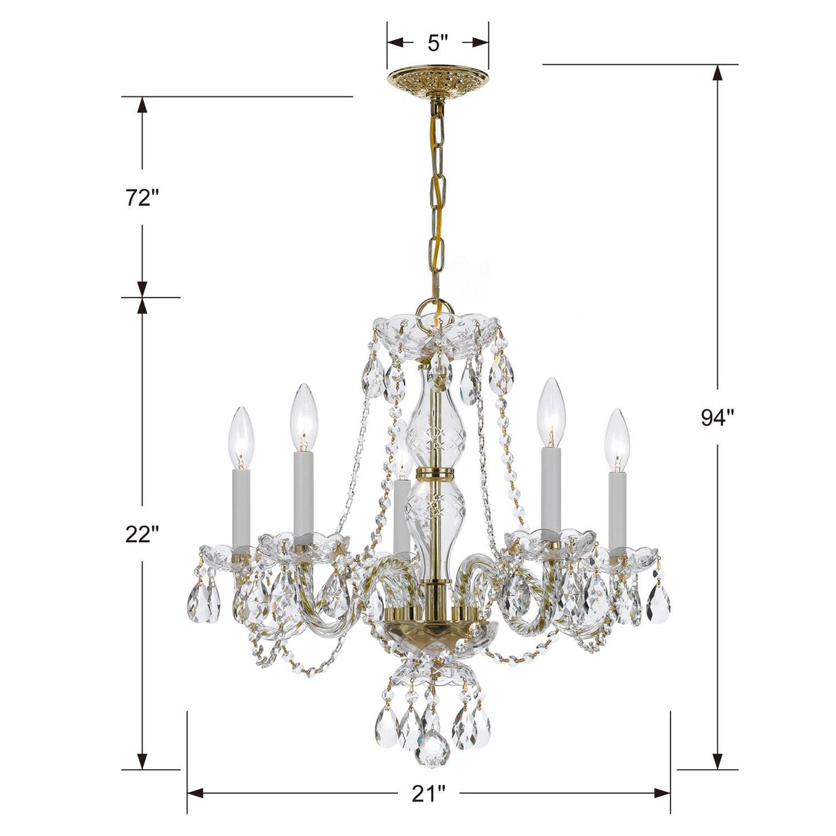 Crystorama Traditional Crystal 5 Light Clear Italian Crystal Polished Brass Chandelier