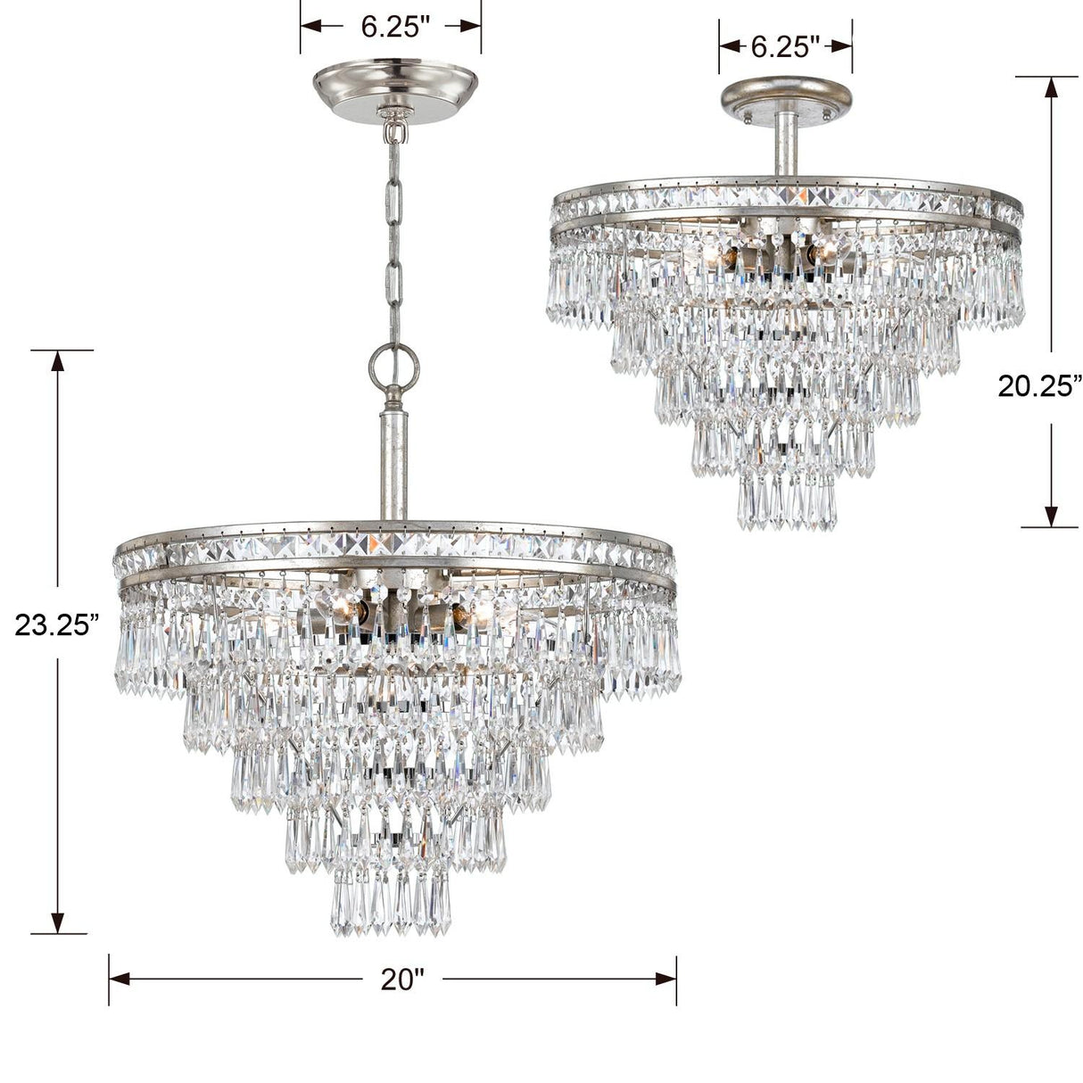 Crystorama Mercer 7 Light Hand Cut Crystal Olde Silver Convertible Chandelier