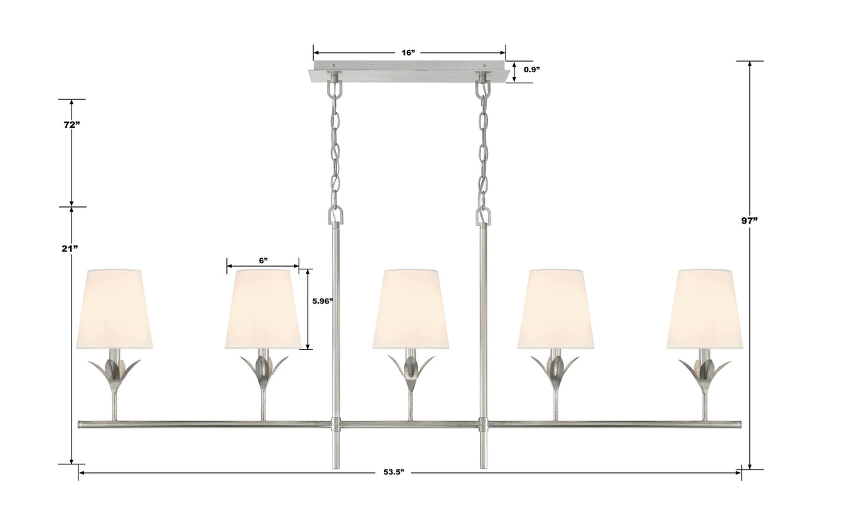 Crystorama Broche 5 Light Antique Silver Linear Chandelier