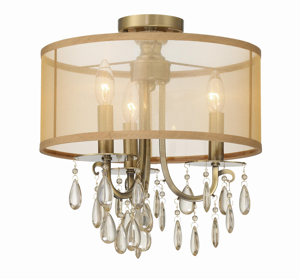 Crystorama Hampton 3 Light Antique Brass Etruscan Crystal Drum Shade Semi Flush Mount