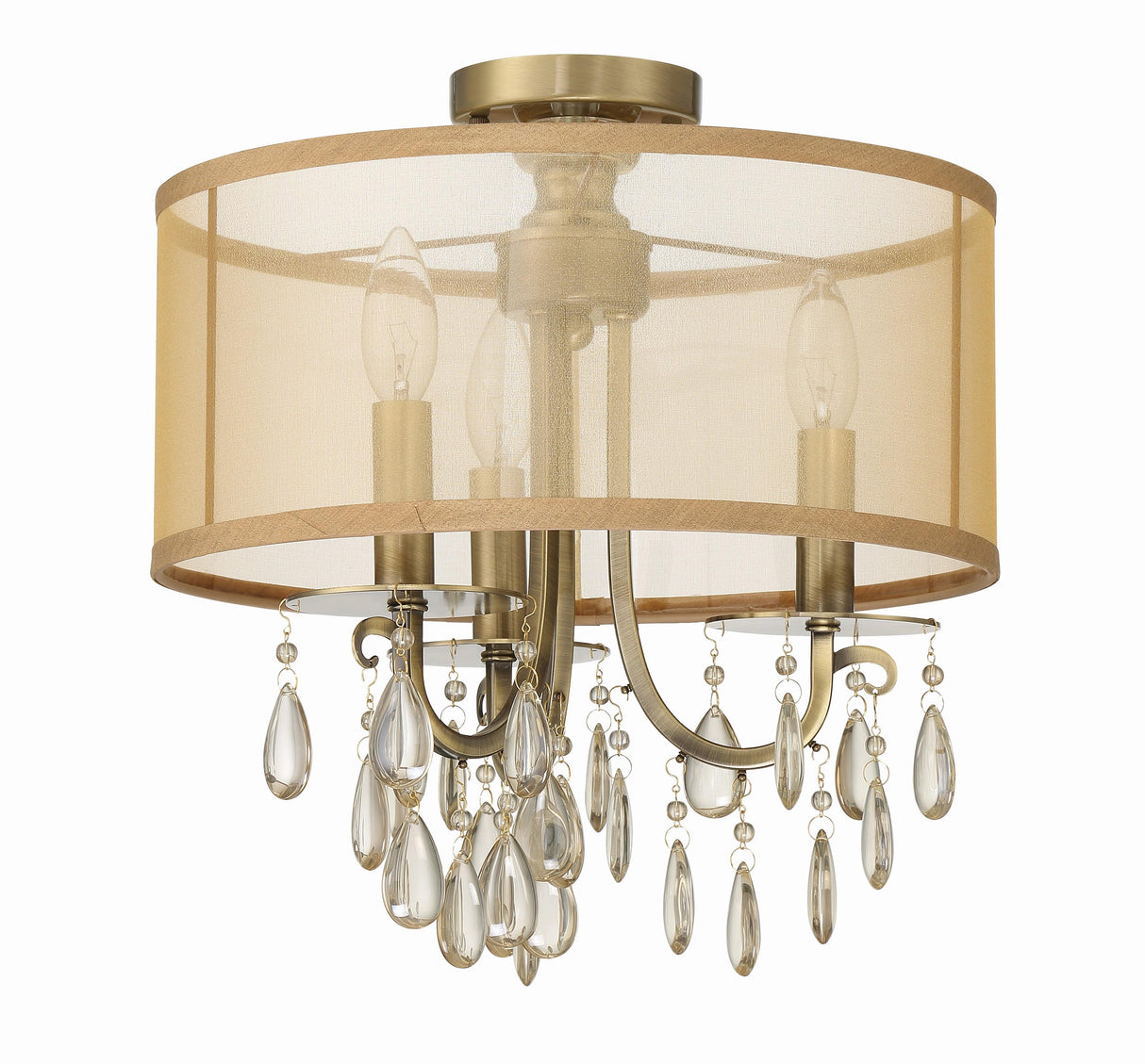 Crystorama Hampton 3 Light Antique Brass Etruscan Crystal Drum Shade Semi Flush Mount