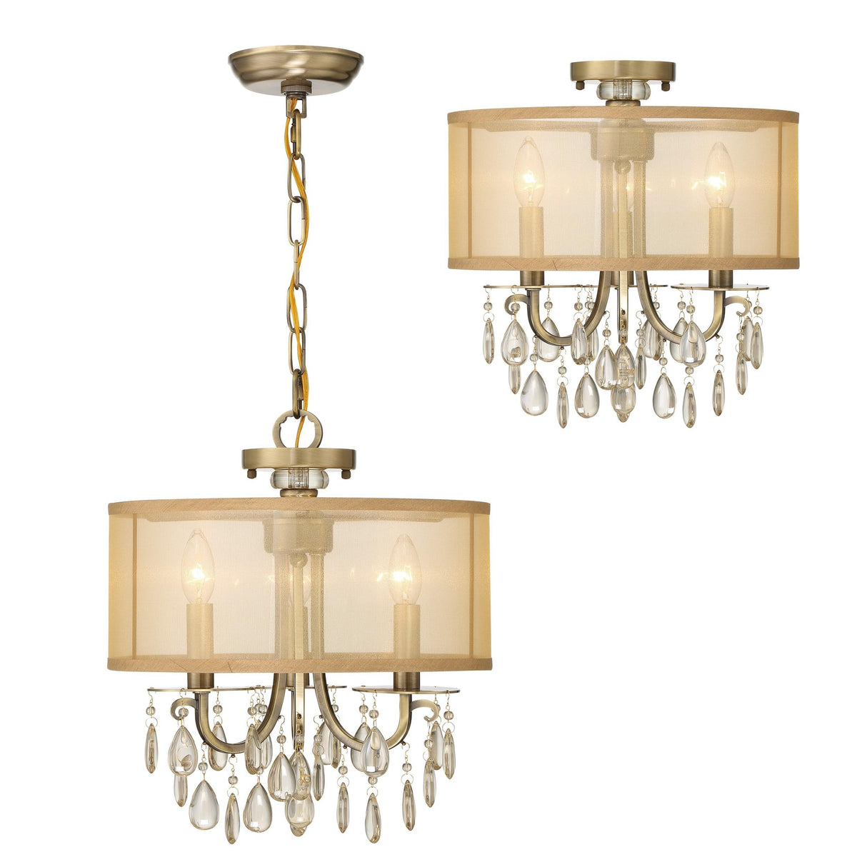 Crystorama Hampton 3 Light Antique Brass Etruscan Crystal Drum Shade Semi Flush Mount