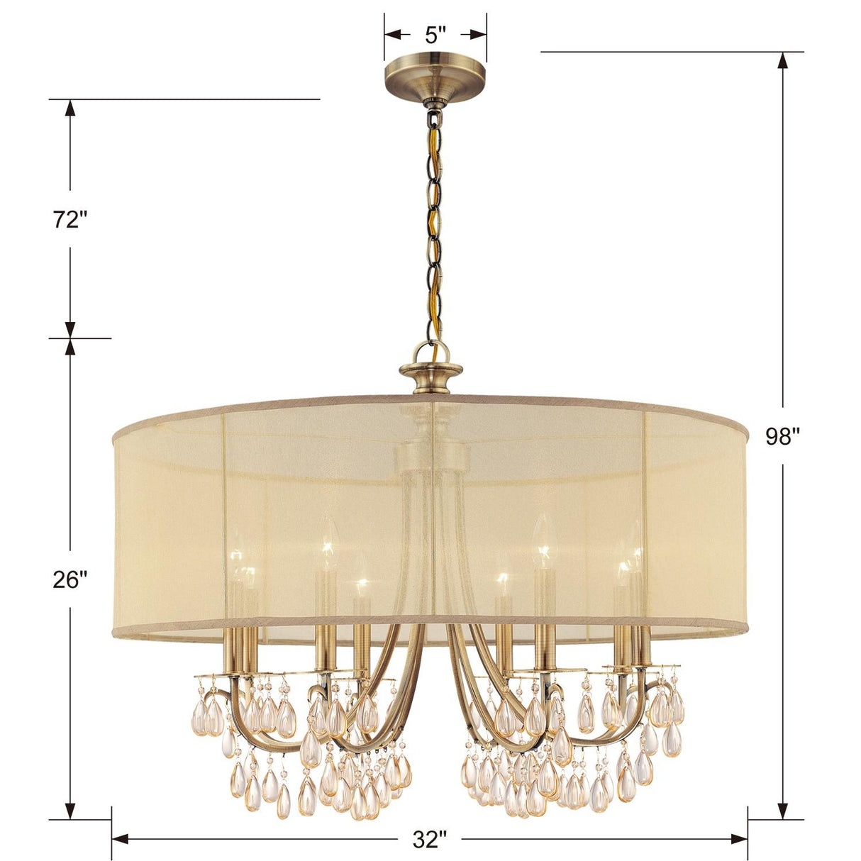 Crystorama Hampton 8 Light Drum Shade Antique Brass Chandelier