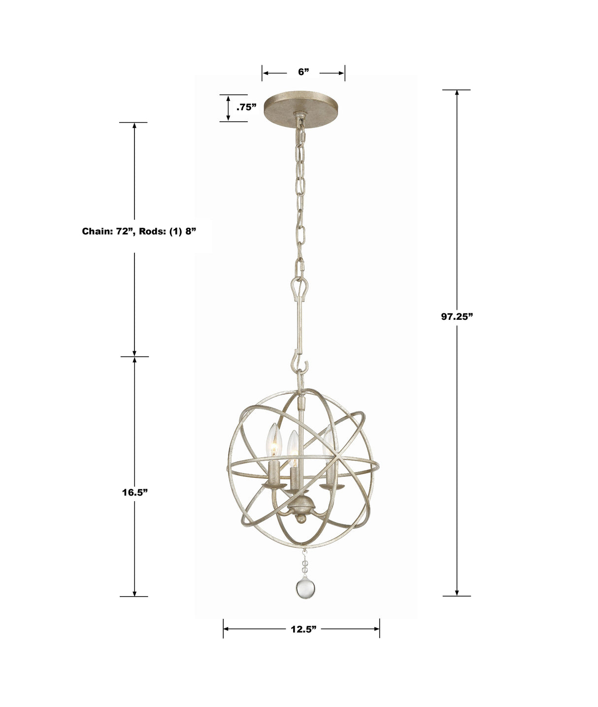 Crystorama Solaris 3 Light Olde Silver Mini Chandelier