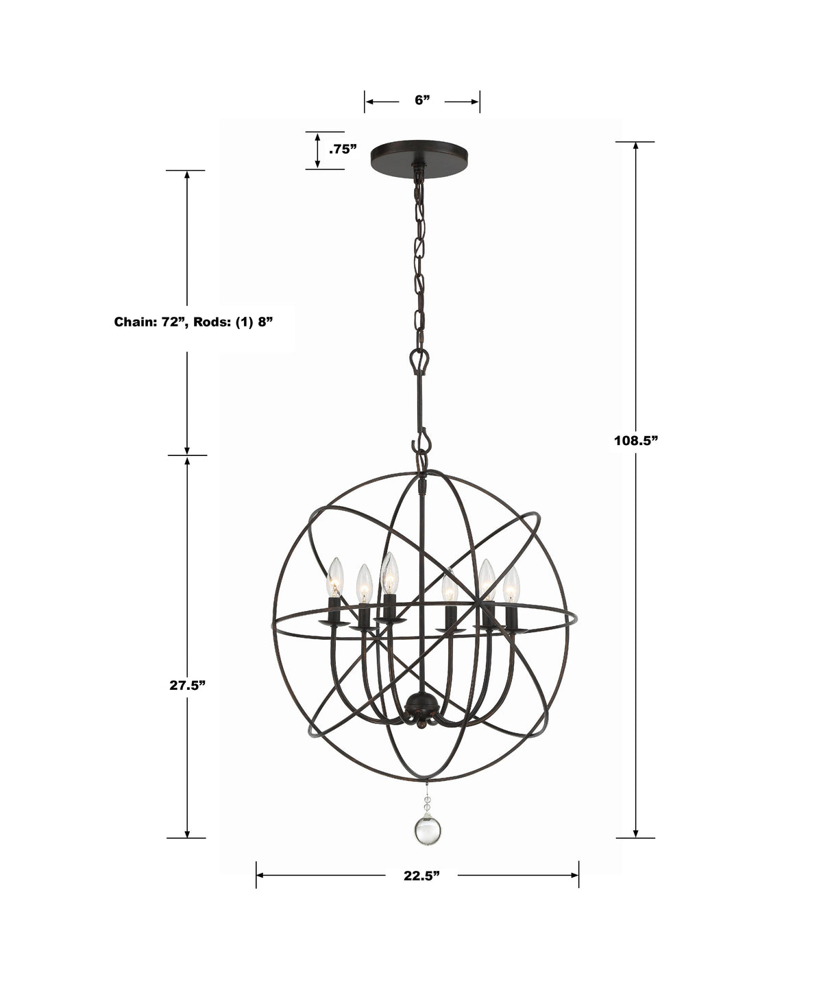 Crystorama Solaris 6 Light English Bronze Sphere Chandelier
