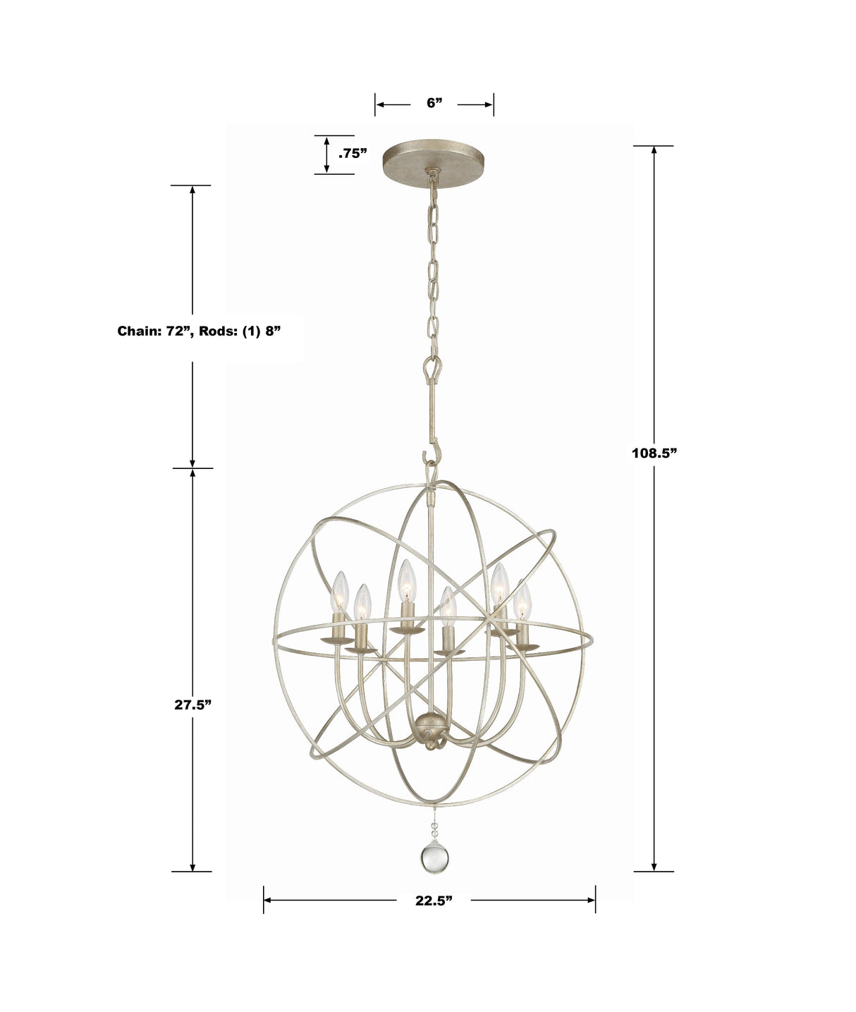 Crystorama Solaris 6 Light Olde Silver Sphere Chandelier