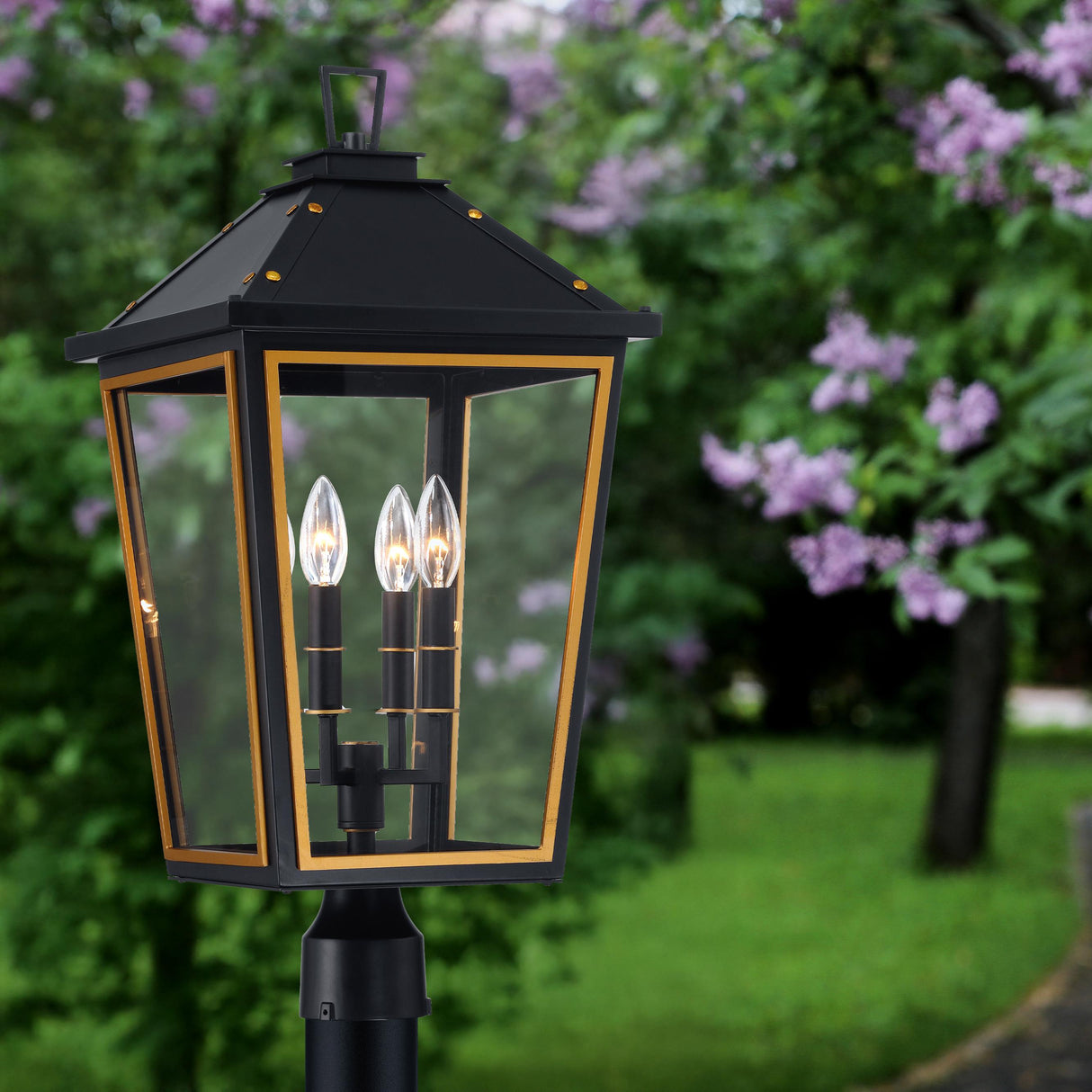 Crystorama Hawkins 4 Light Matte Black + Textured Gold Outdoor Post