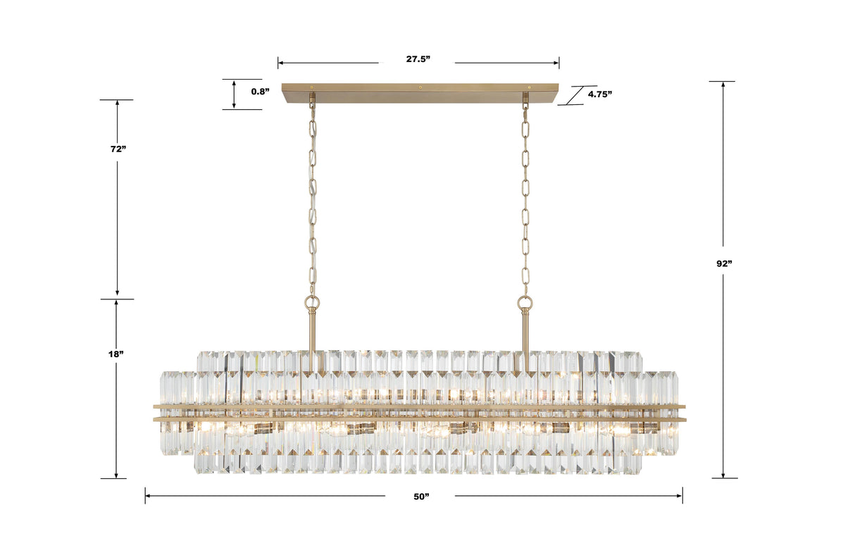 Crystorama Hayes 16 Light Aged Brass Linear Chandelier