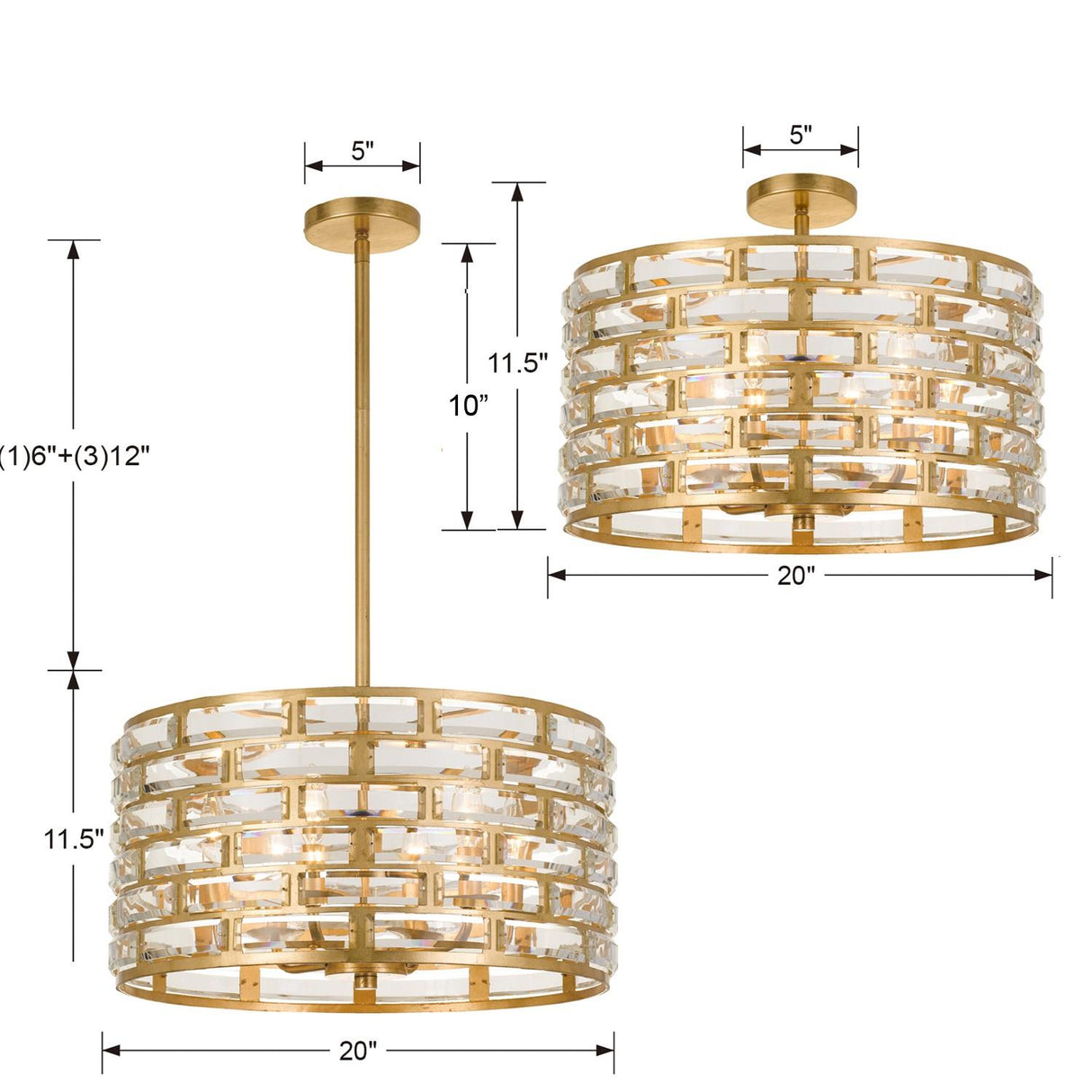 Crystorama Meridian 6 Light Antique Gold Semi Flush Mount