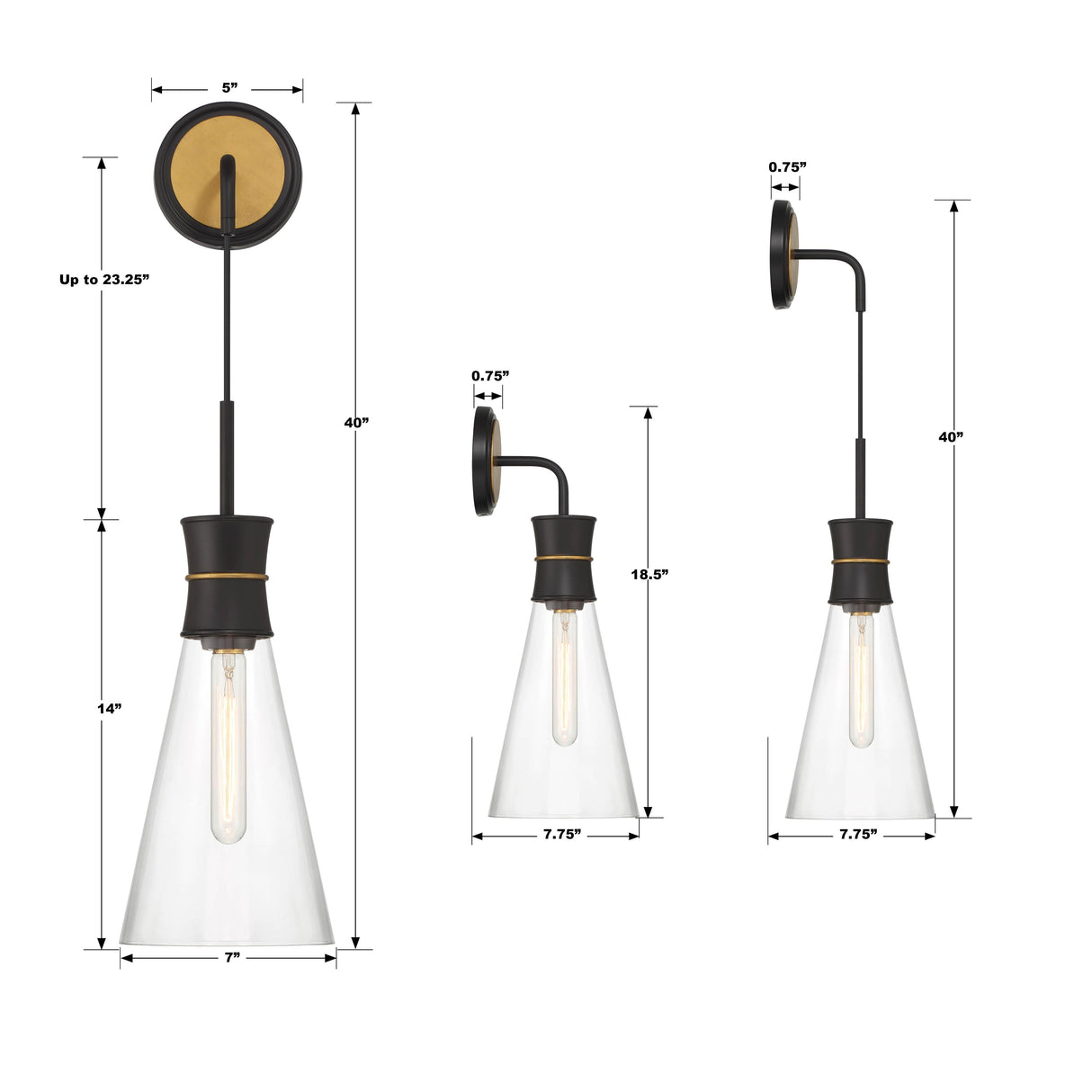 Crystorama Quinn 1 Light LED Matte Black + Textured Gold Sconce