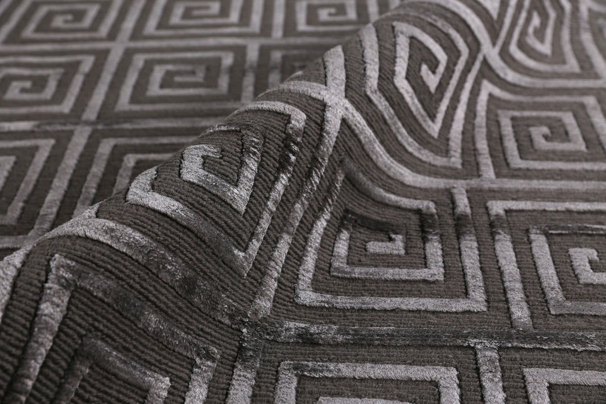 Exquisite Rugs Greek Key Hand Knotted Wool/Viscose in 3050 Dark Gray 8' x 10' Area Rug