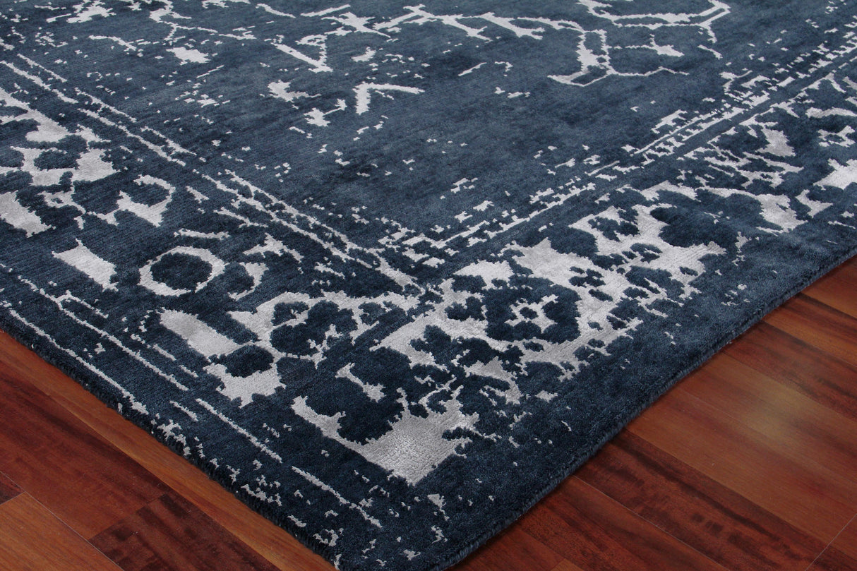 Exquisite Rugs Terras Hand Knotted Wool/Bamboo Silk in 3131 Navy/Silver 12' x 15' Area Rug