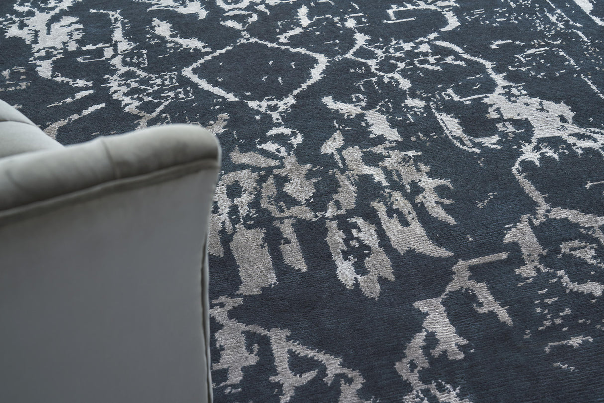 Exquisite Rugs Terras Hand Knotted Wool/Bamboo Silk in 3131 Navy/Silver 6' x 9' Area Rug