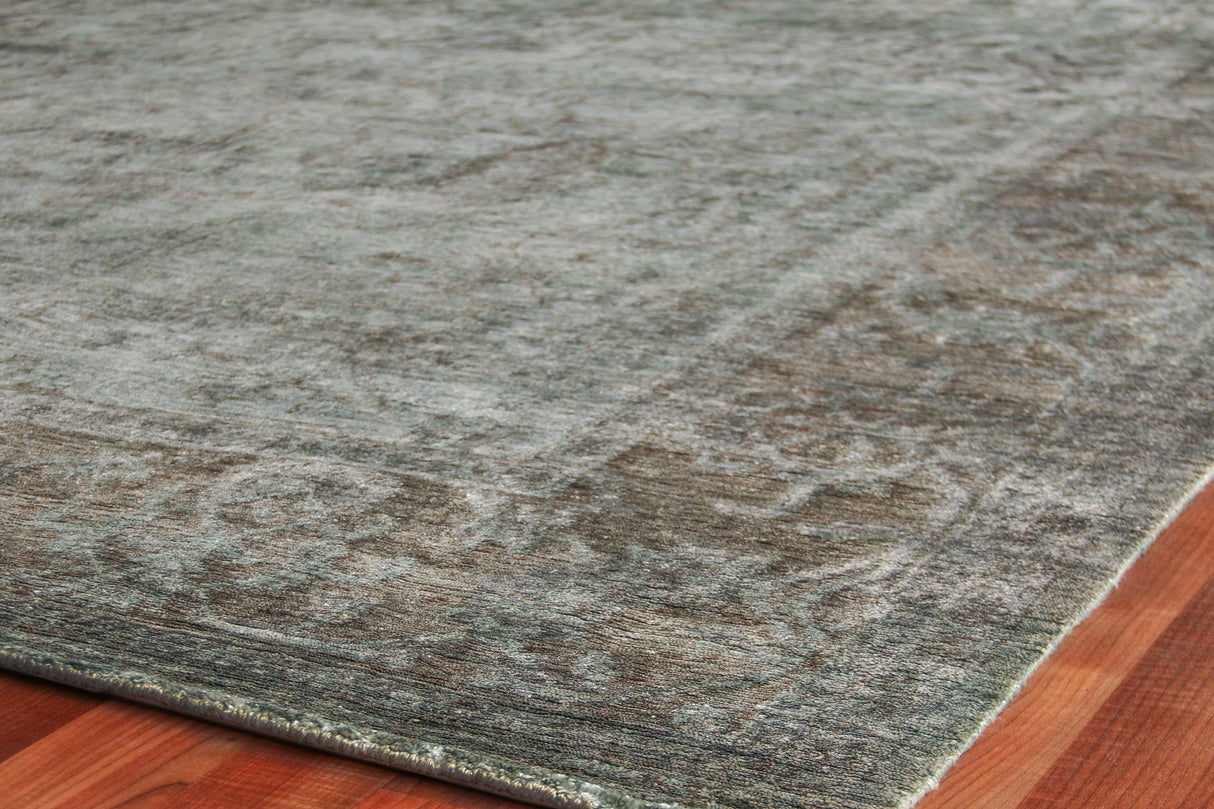 Exquisite Rugs Antique'd Silk Hand Knotted Bamboo Silk in 3632 Green/Aqua 8' x 10' Area Rug