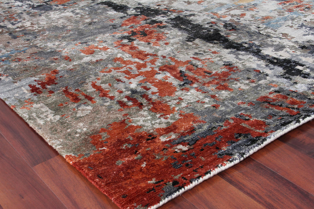 Exquisite Rugs Laureno Hand Knotted Bamboo Silk in 4023 Navy/Silver/Rust 12' x 15' Area Rug