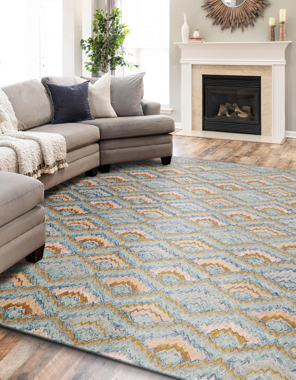 Exquisite Rugs Bargello Hand Tufted New Zealand Wool in 6814 Light Blue/Multi 4' x 6' Area Rug