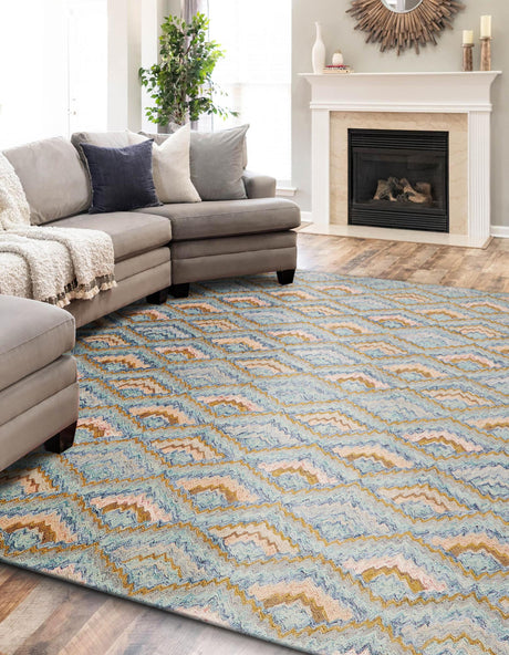 Exquisite Rugs Bargello Hand Tufted New Zealand Wool in 6814 Light Blue/Multi 5' x 8' Area Rug