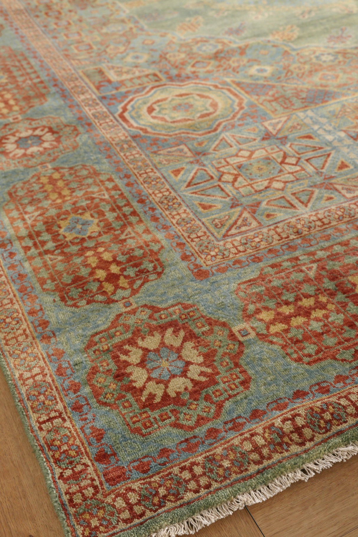 Exquisite Rugs Mamluk Hand Knotted New Zealand Wool in 9404 Green/Light Blue 9' x 12' Area Rug