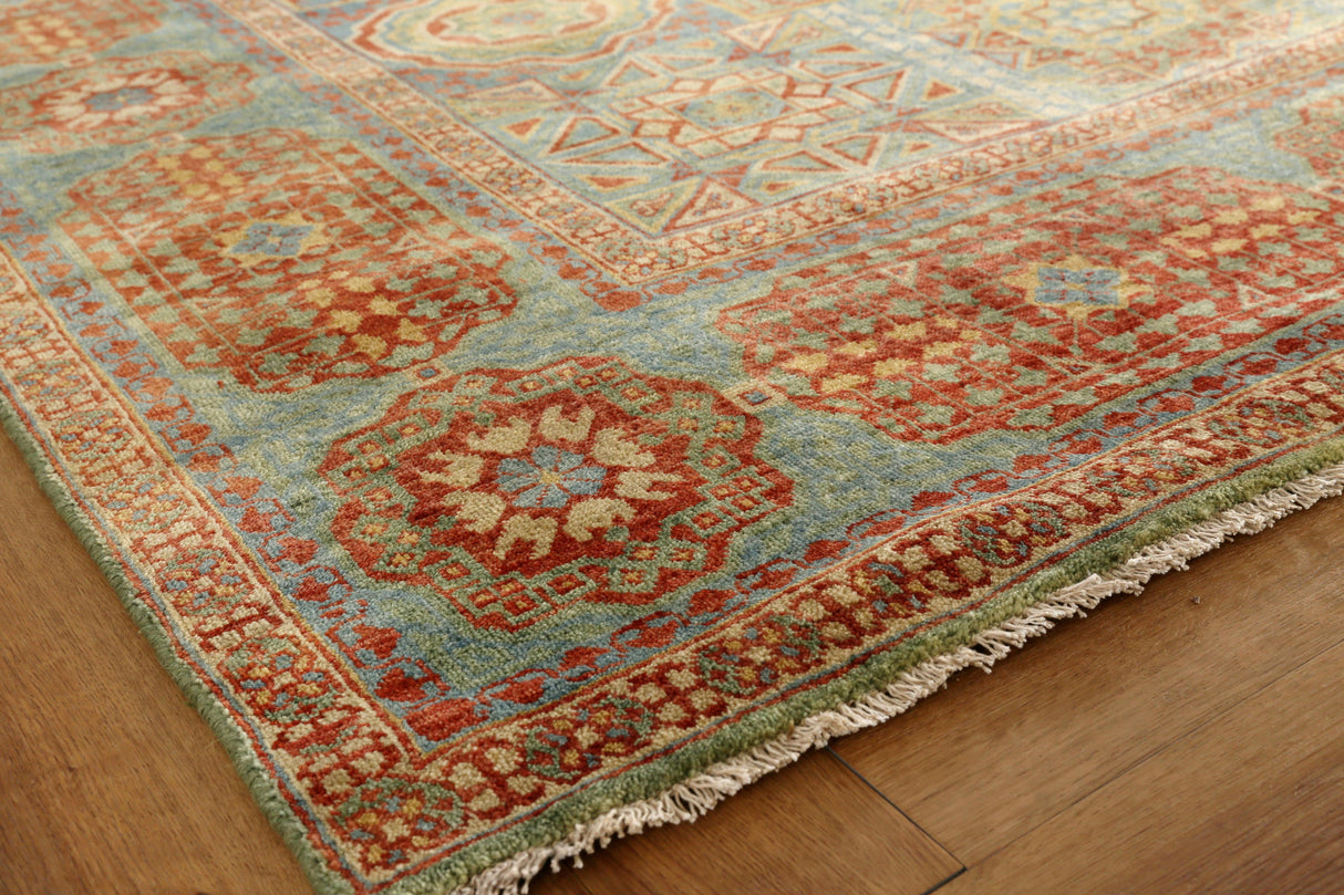 Exquisite Rugs Mamluk Hand Knotted New Zealand Wool in 9404 Green/Light Blue 9' x 12' Area Rug