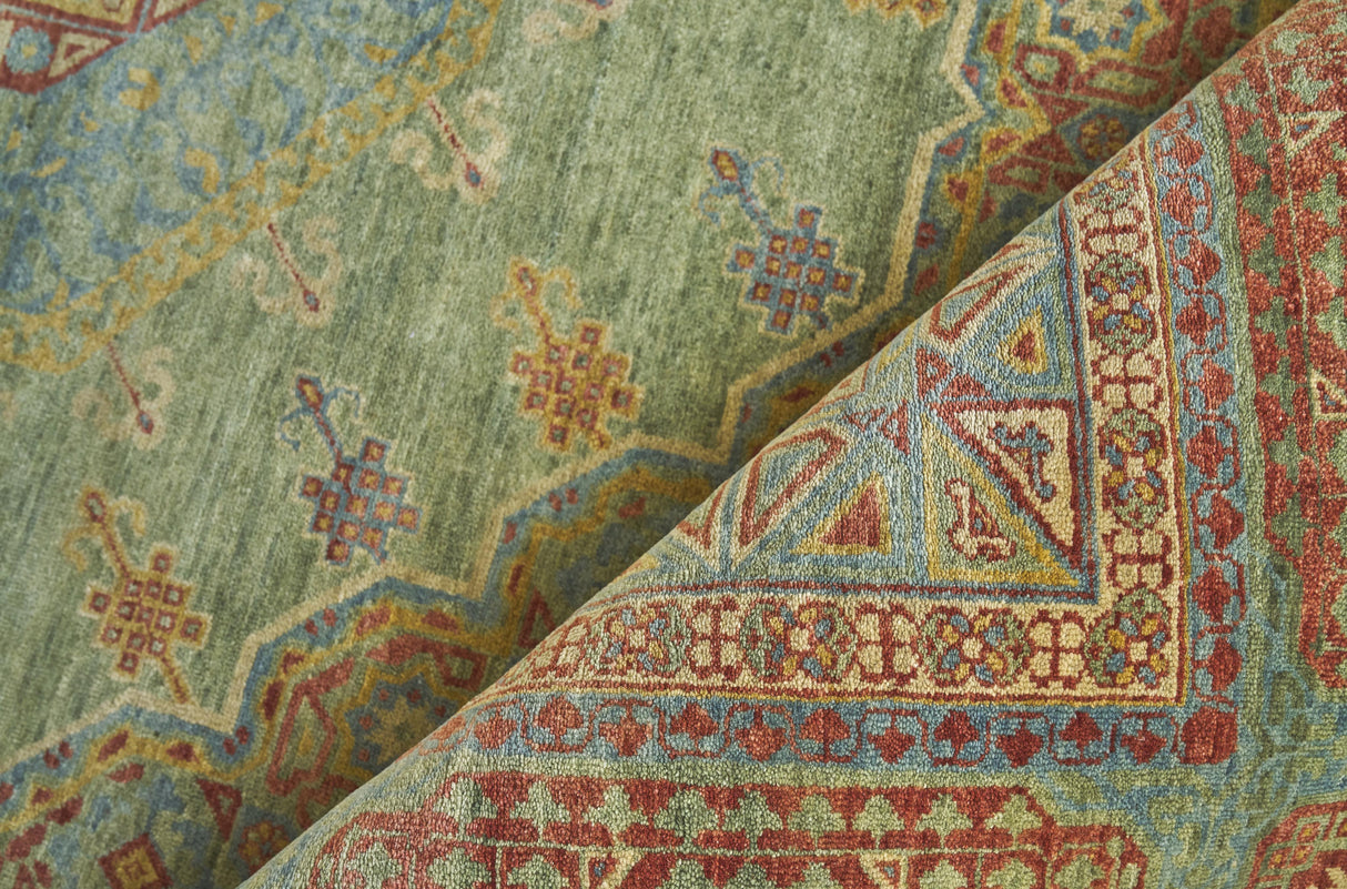 Exquisite Rugs Mamluk Hand Knotted New Zealand Wool in 9404 Green/Light Blue 9' x 12' Area Rug