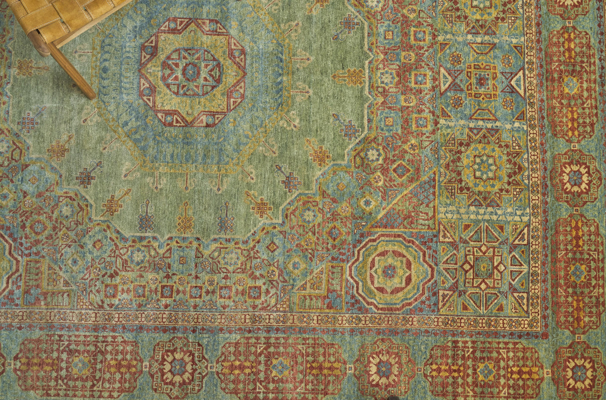 Exquisite Rugs Mamluk Hand Knotted New Zealand Wool in 9404 Green/Light Blue 9' x 12' Area Rug