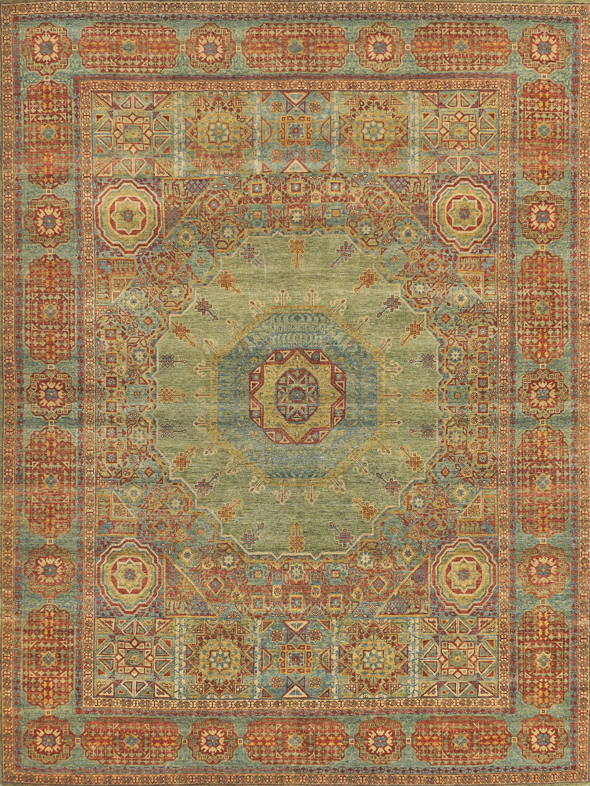 Exquisite Rugs Mamluk Hand Knotted New Zealand Wool in 9404 Green/Light Blue 9' x 12' Area Rug