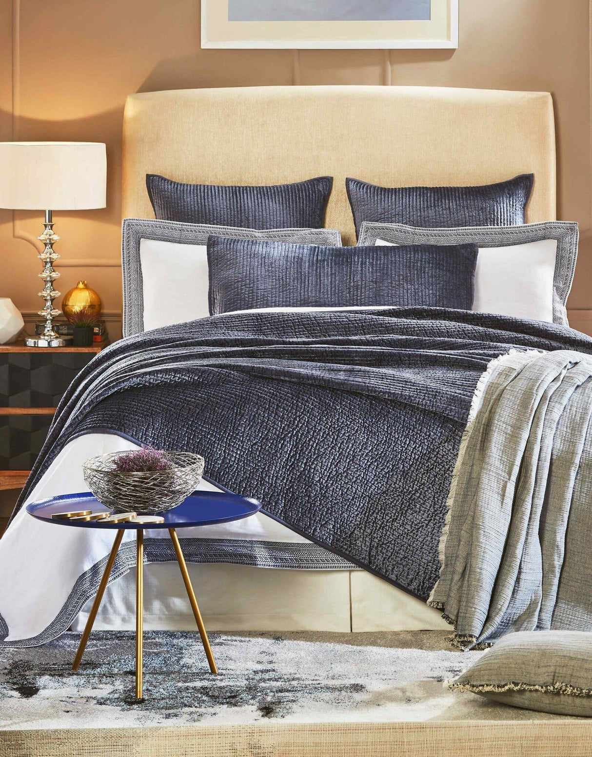 Orchids Lux Spencer Channel Navy 110 X 96 Coverlet