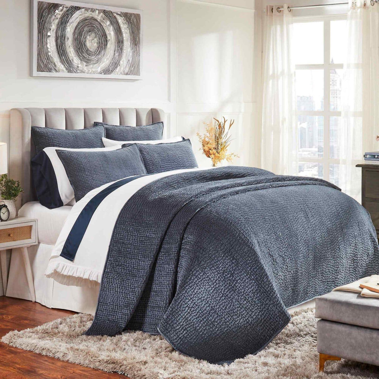 Orchids Lux Laguna Channel Navy 94 X 96 Coverlet
