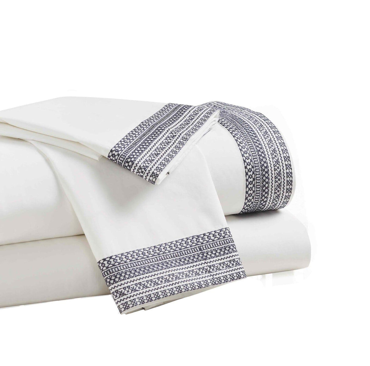 Orchids Lux Olivia Solid Color & Embroidery White/ Navy 72 X 84 Sheet Set