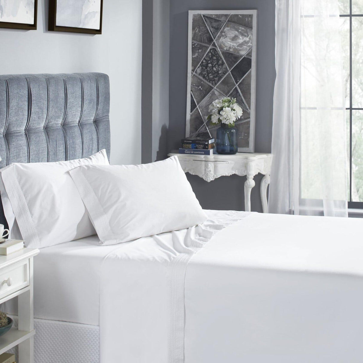 Orchids Lux Olivia Solid Color & Embroidery White/White 72 X 84 Sheet Set