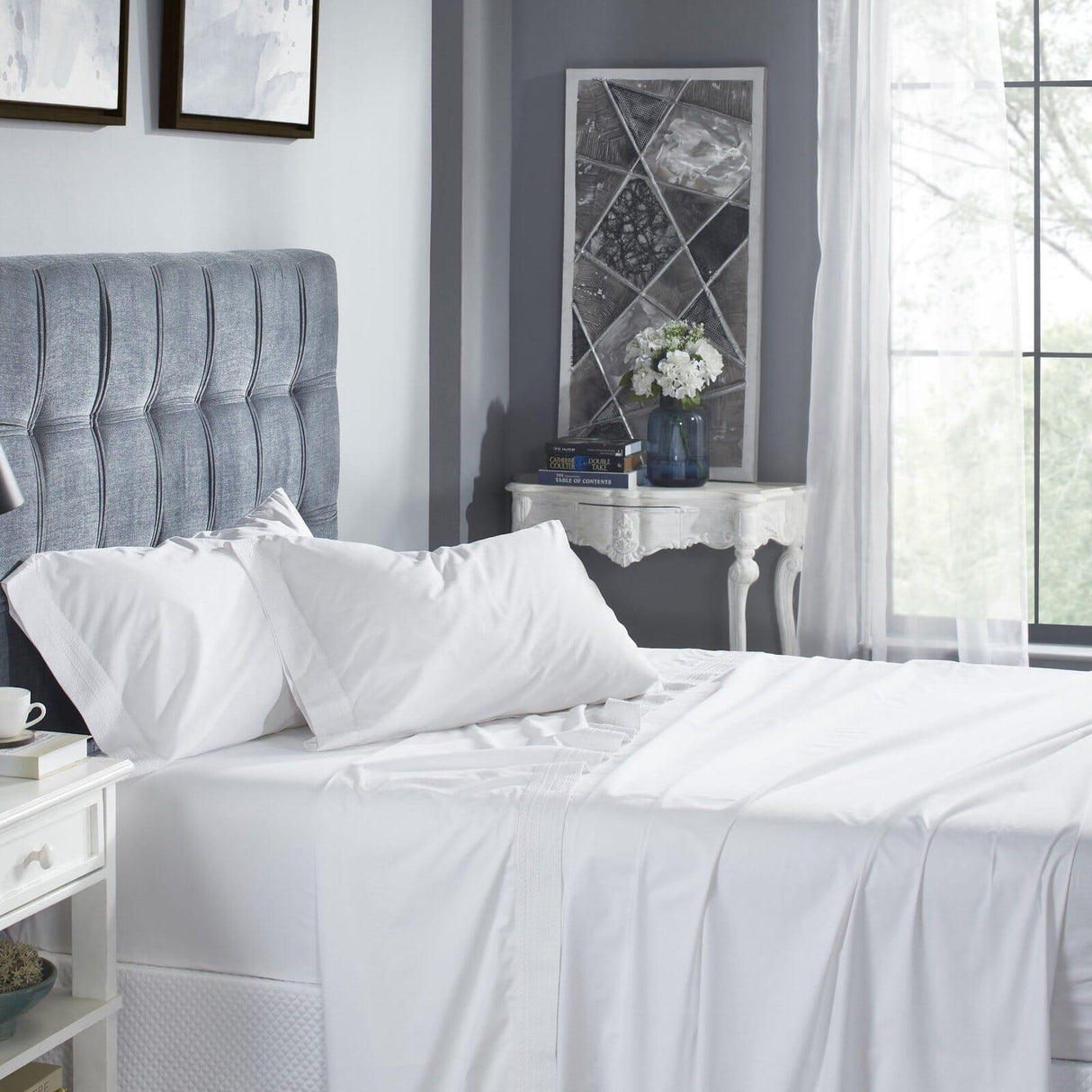 Orchids Lux Olivia Solid Color & Embroidery White/White 72 X 84 Sheet Set