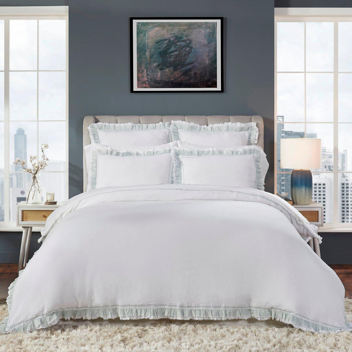 Orchids Lux Solana Solid Color & Ruffle Ice Mint 106 X 92 Duvet Cover