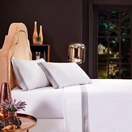 Orchids Lux Olivia Solid Color & Embroidery White/Fog 78 X 80 Sheet Set