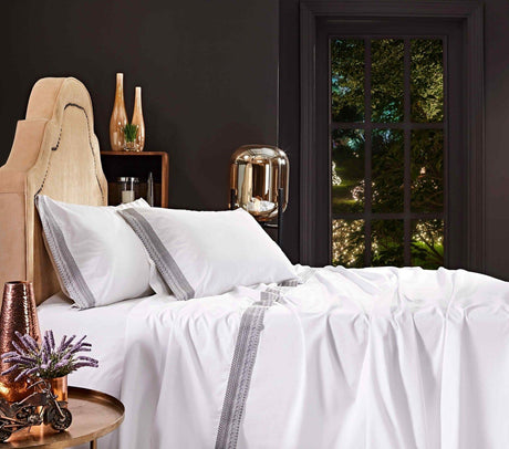 Orchids Lux Olivia Solid Color & Embroidery White/Fog 78 X 80 Sheet Set