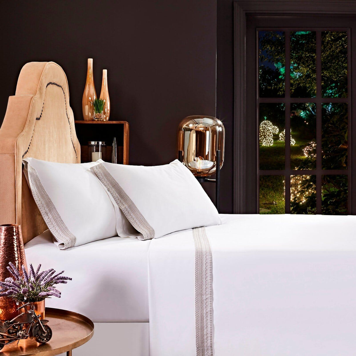 Orchids Lux Olivia Solid Color & Embroidery White/Dune 60 X 80 Sheet Set