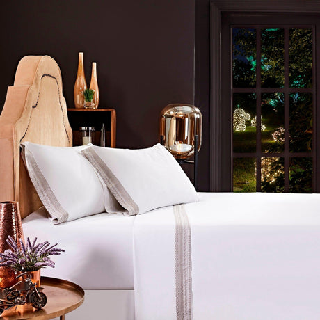 Orchids Lux Olivia Solid Color & Embroidery White/Dune 60 X 80 Sheet Set