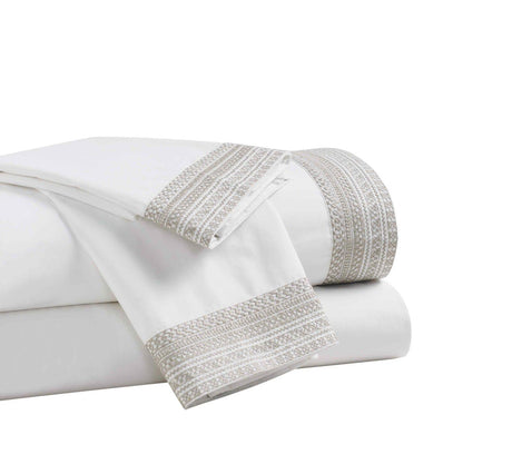 Orchids Lux Olivia Solid Color & Embroidery White/Dune 60 X 80 Sheet Set