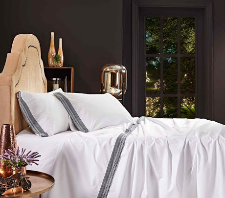 Orchids Lux Olivia Solid Color & Embroidery White/ Navy 60 X 80 Sheet Set