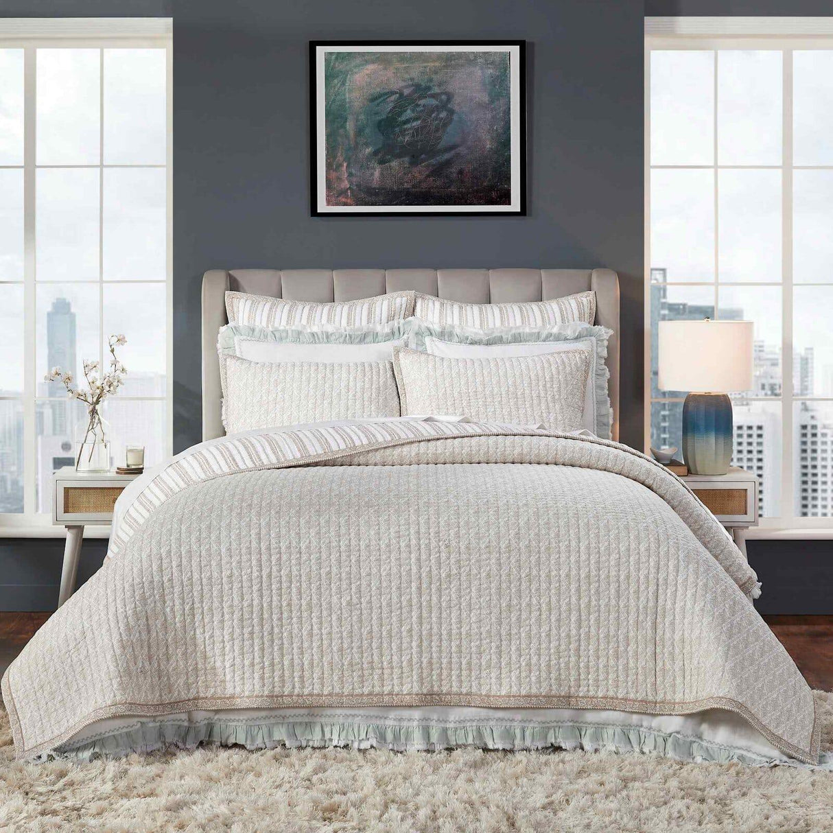 Orchids Lux Serenity Channel/Geomatric/Floral Sand 94 X 96 Printed Quilt