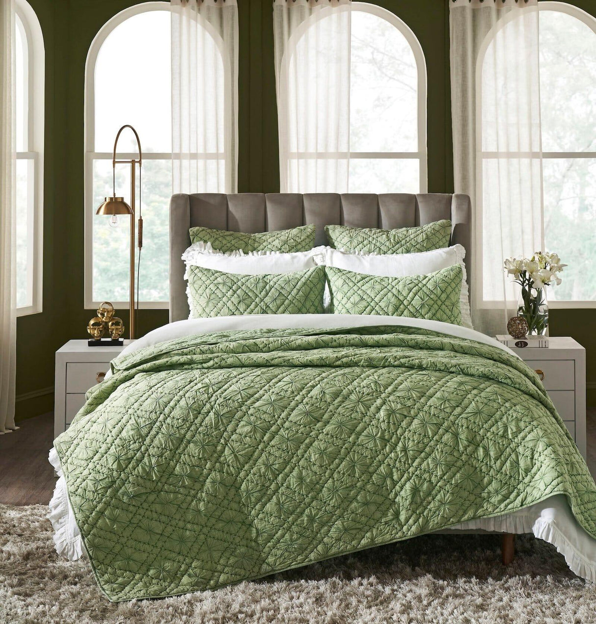 Orchids Lux Mirabelle Geomatric Moss 110 X 96 Quilt