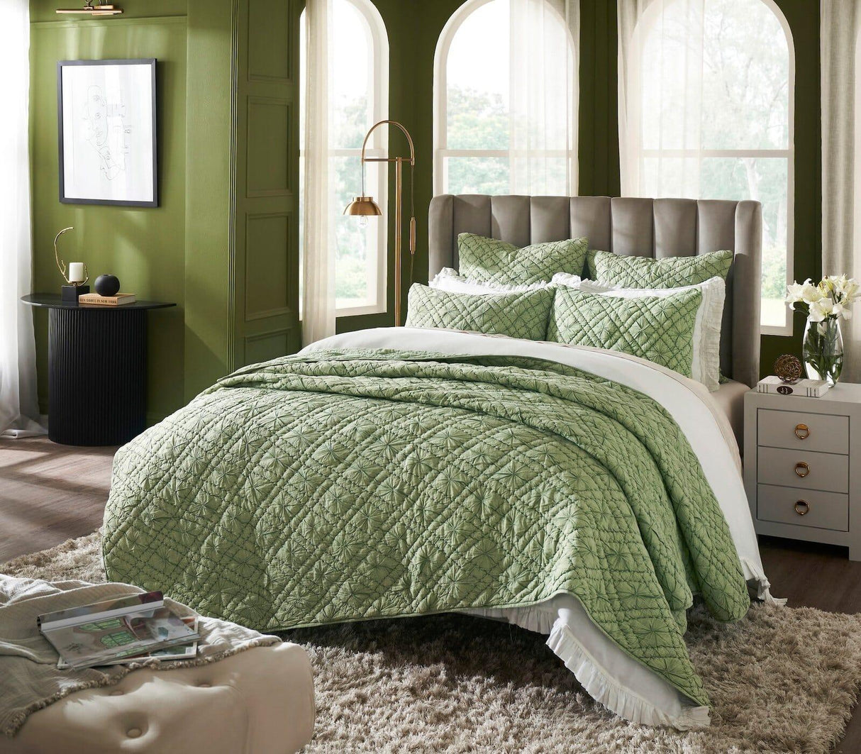 Orchids Lux Mirabelle Geomatric Moss 110 X 96 Quilt