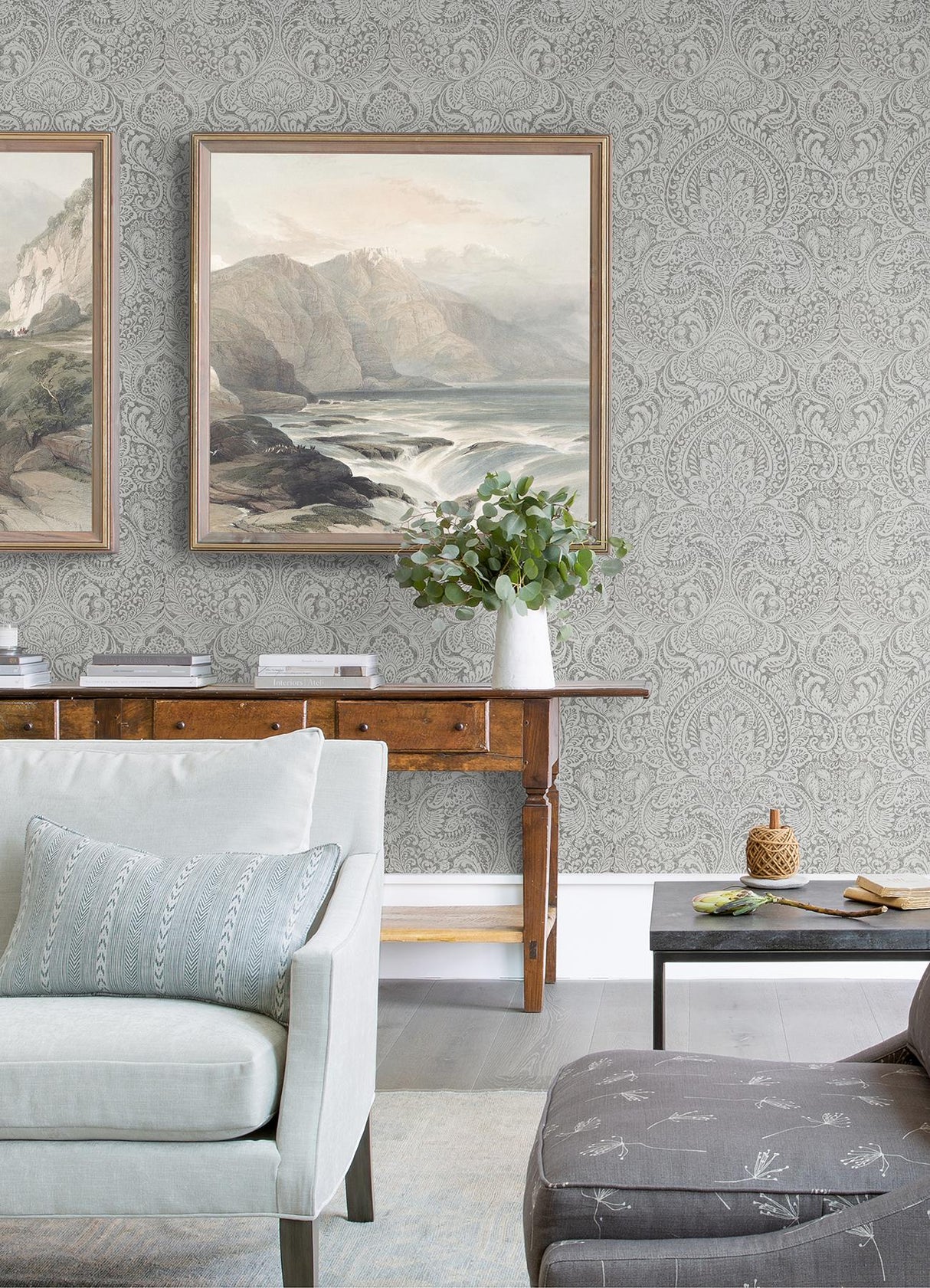 A-Street Prints Lustre Damask Silver Wallpaper